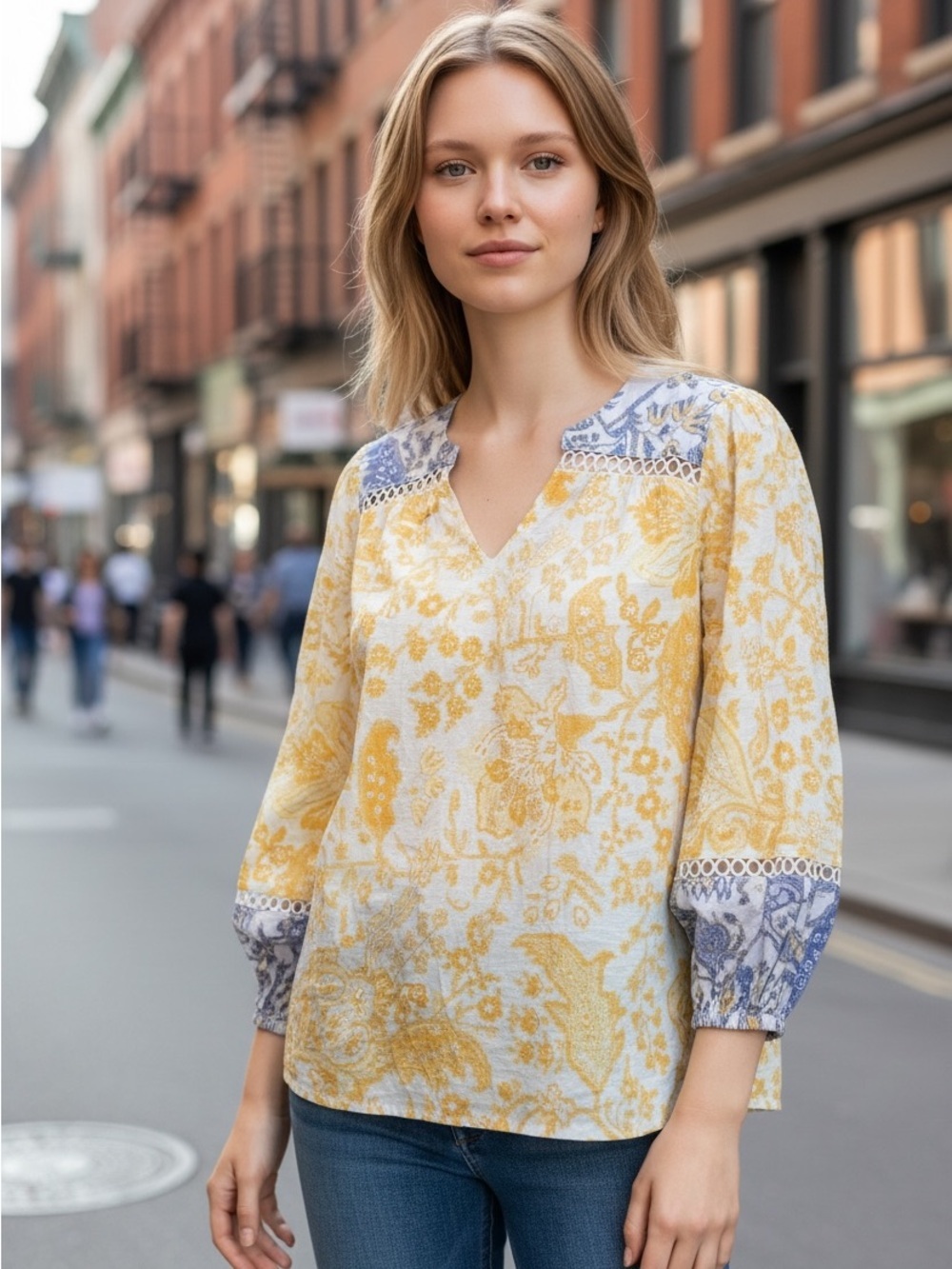 NWT Farmer’s Market Yellow Floral Peasant Top with Blue Accent Size M
